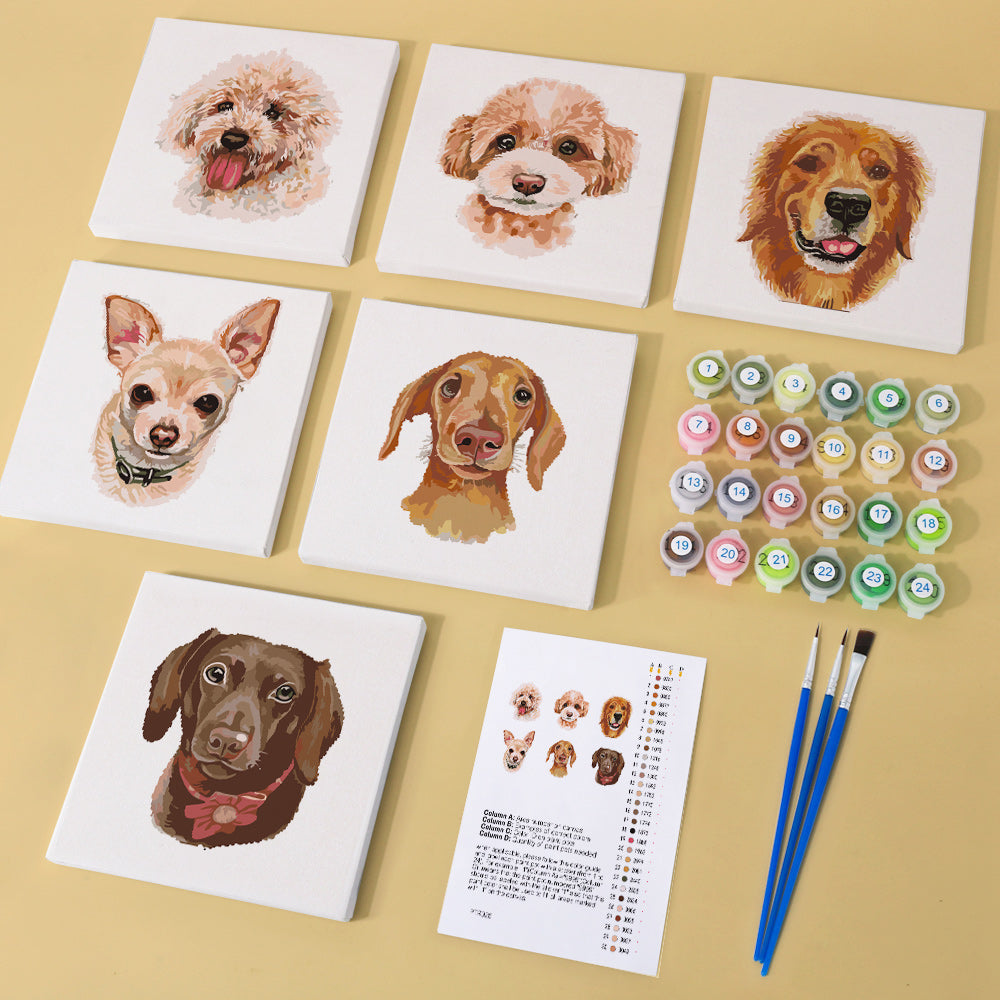 6 Mini Painting Set – Paint by Numbers Cute Dogs