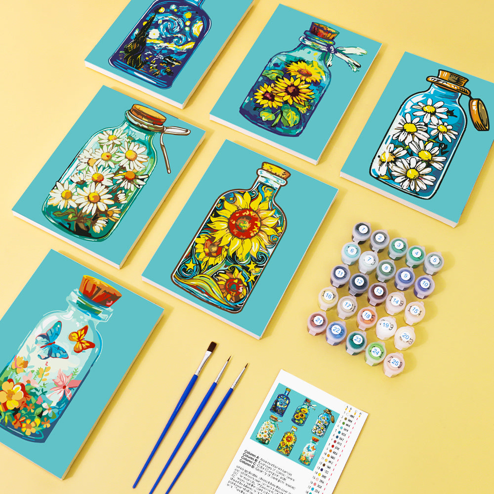6 Mini Painting Set – Paint by Numbers Flowers in Bottles