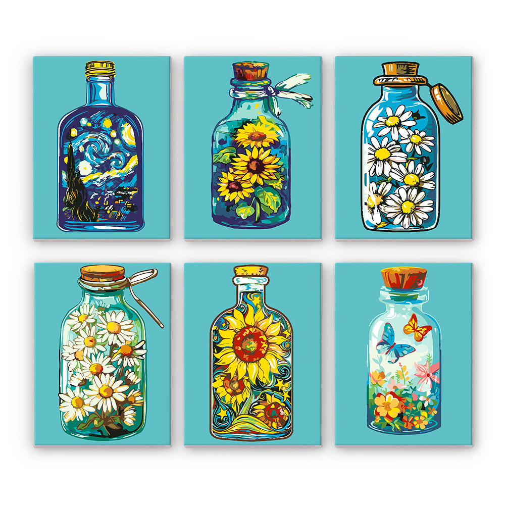 6 Mini Painting Set – Paint by Numbers Flowers in Bottles