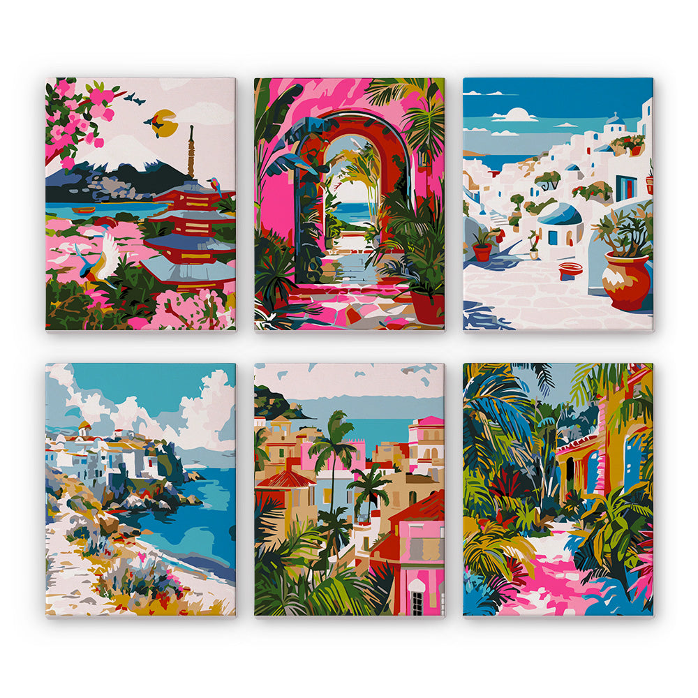 Six small canvases in vivid travel-poster style showing coastal villages, white buildings with blue domes, archways to the sea, and lush greenery, arranged in two rows of three.