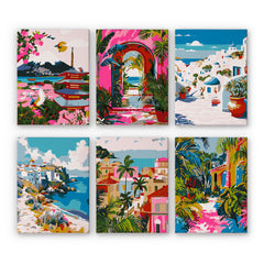 Six small canvases in vivid travel-poster style showing coastal villages, white buildings with blue domes, archways to the sea, and lush greenery, arranged in two rows of three.