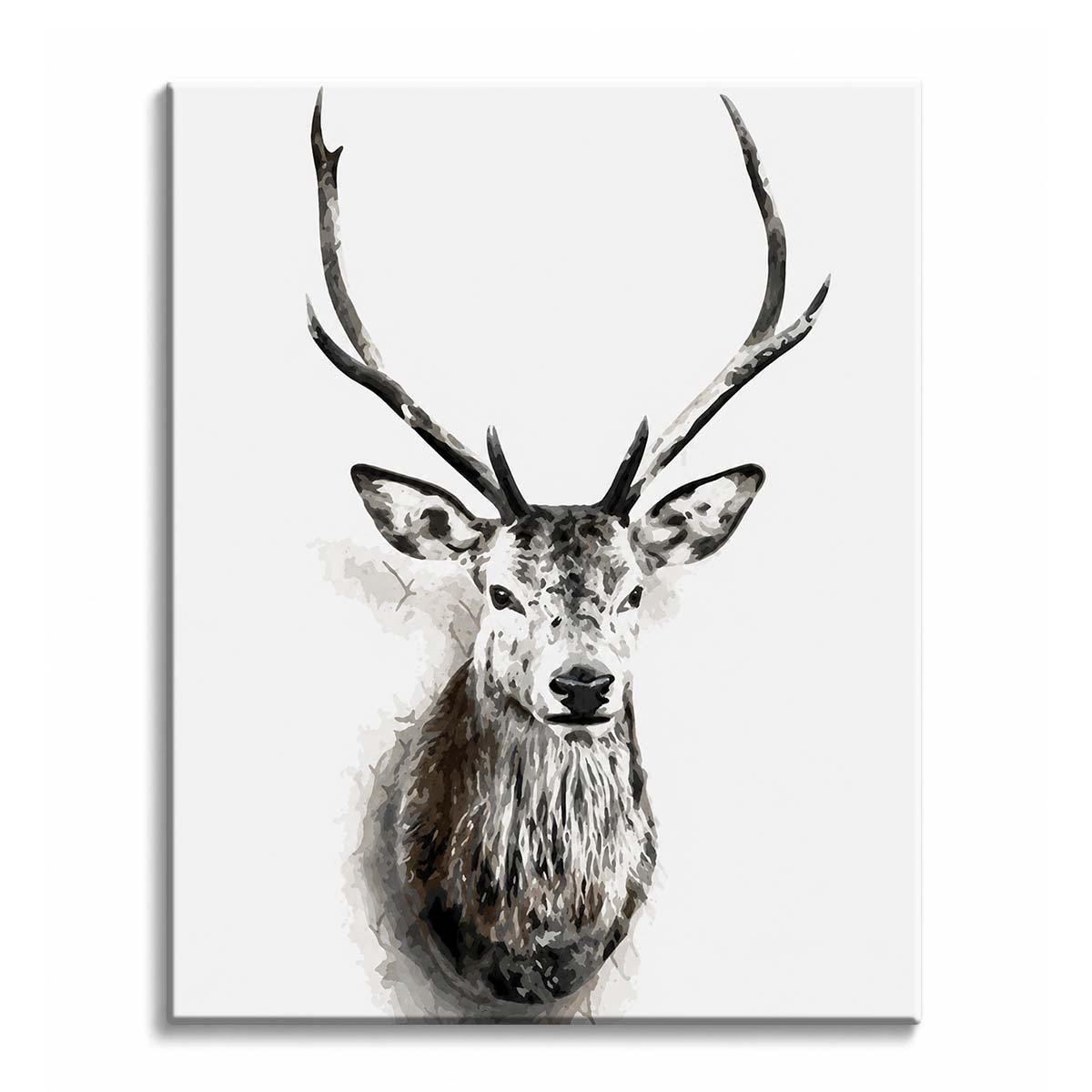 A grey and brown stag with tall antlers facing forward against a plain white background, shown as a paint by numbers canvas.