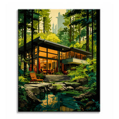 A modern glass house lit warm amber in a dense green forest with a stream in front and a city skyline behind the trees, shown as a paint by numbers canvas.