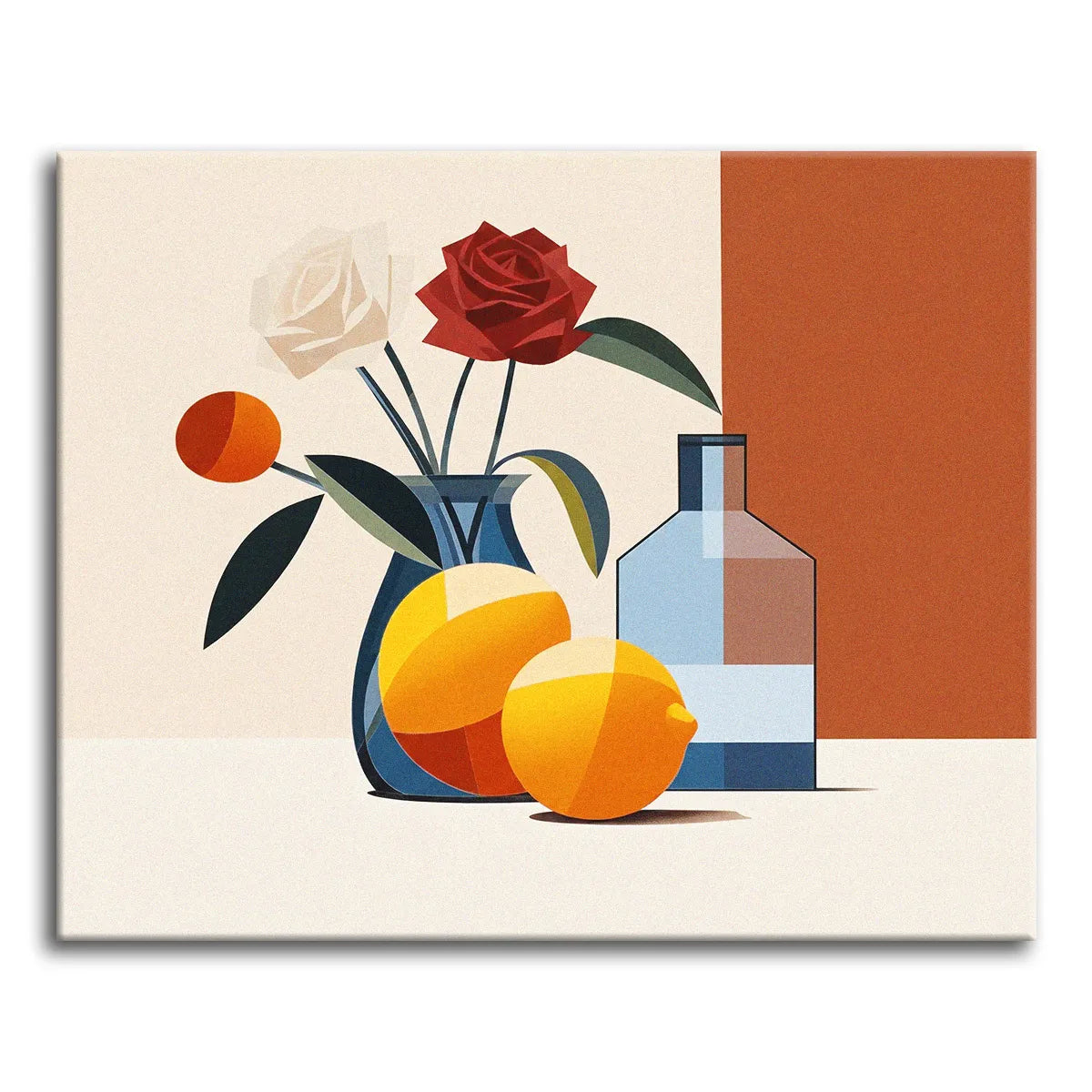 A mid-century geometric still life of roses in a blue vase with oranges and a bottle against a cream and terracotta background, shown as a paint by numbers canvas.