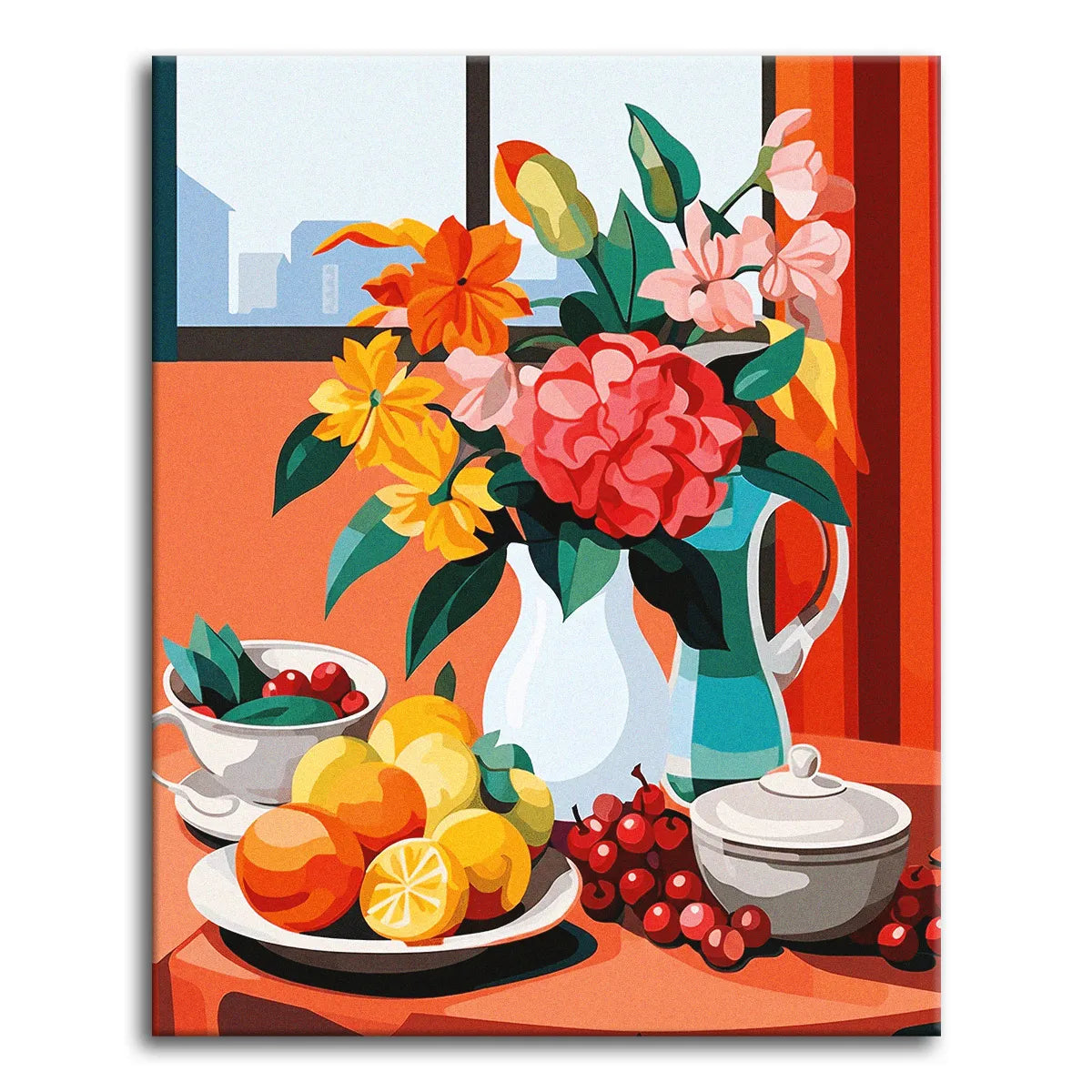 A bold modern still life of a flower jug, oranges, lemons, and cherries on a table by a window in bright orange and teal, shown as a paint by numbers canvas.