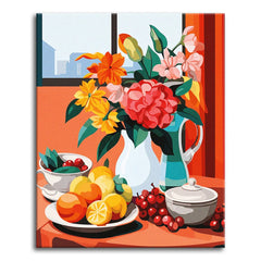 A bold modern still life of a flower jug, oranges, lemons, and cherries on a table by a window in bright orange and teal, shown as a paint by numbers canvas.