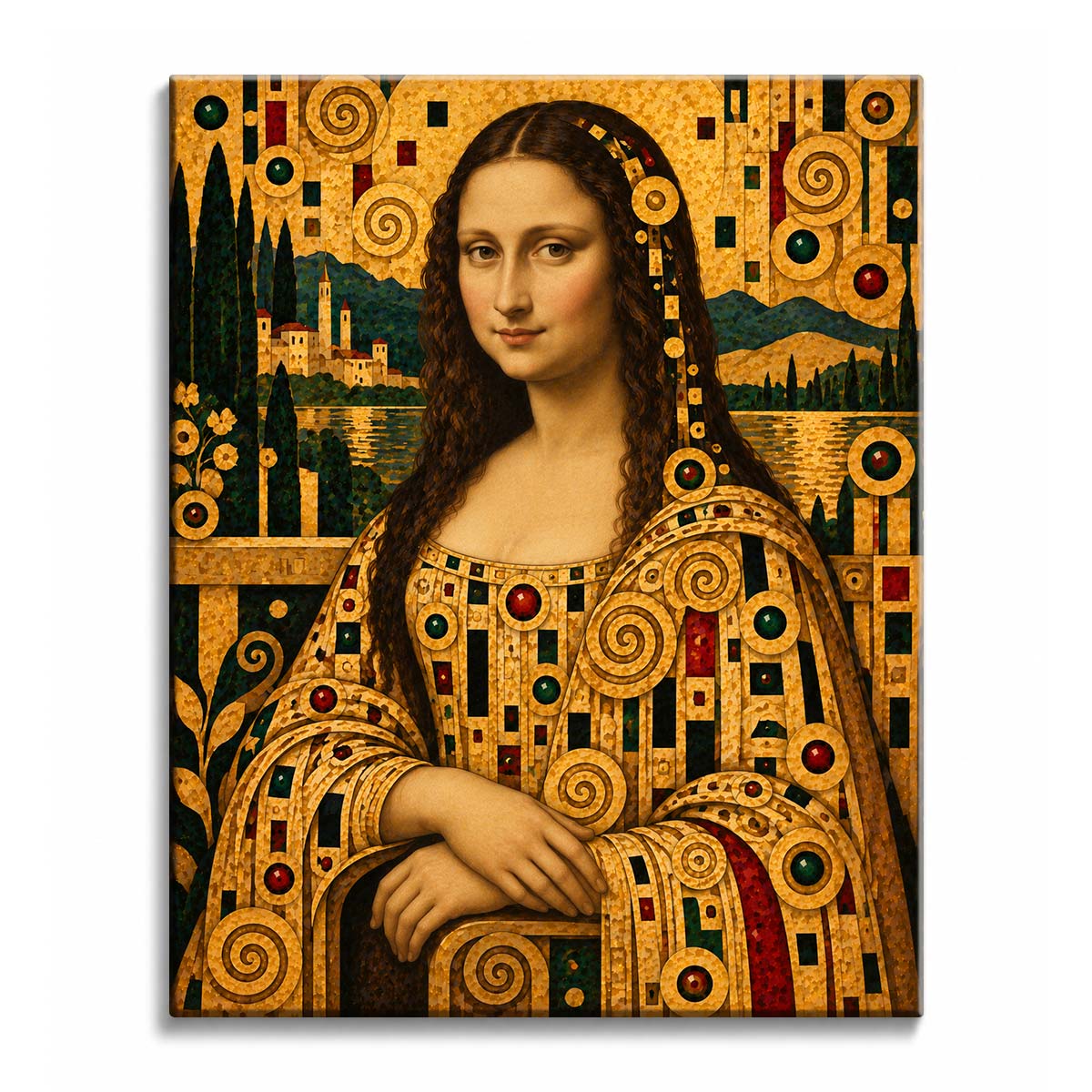 Mona Lisa with folded hands before a lake and hill town, her robes covered in gold spirals and red and green jewels, in a Klimt-style paint by numbers design.