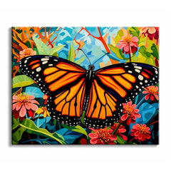A monarch butterfly paint by numbers design showing orange and black wings spread wide against pink zinnias, green leaves and a blue faceted sky.