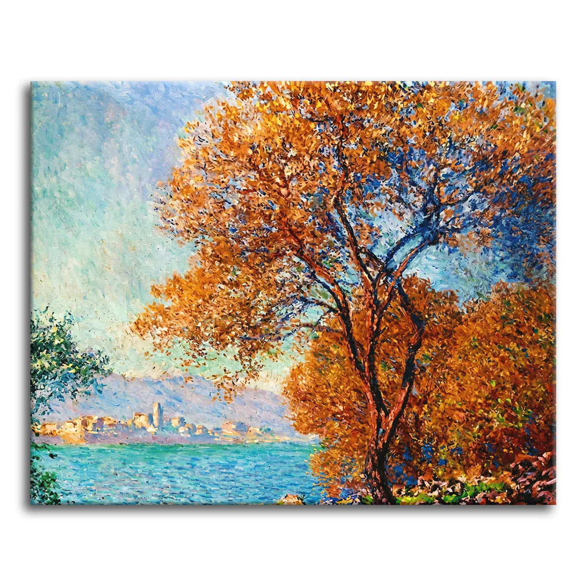 A paint by numbers version of Monet's Antibes Seen from La Salis, with a rust-orange olive tree framing the town of Antibes across turquoise water.