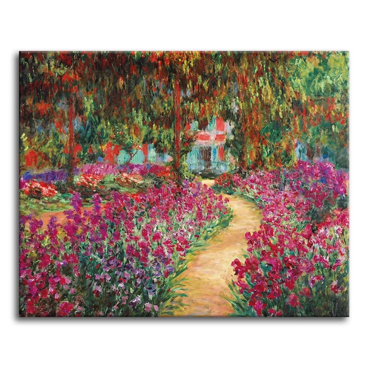 A paint by numbers version of Monet's Artist's Garden at Giverny, with a sandy path between beds of purple-red irises and a house behind the trees.