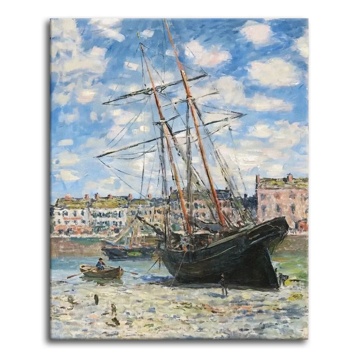 A paint by numbers version of Monet's Boats Lying at Low Tide at Fécamp, with a stranded sailing ship and its rigging against a bright sky by the harbor town.