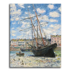 A paint by numbers version of Monet's Boats Lying at Low Tide at Fécamp, with a stranded sailing ship and its rigging against a bright sky by the harbor town.