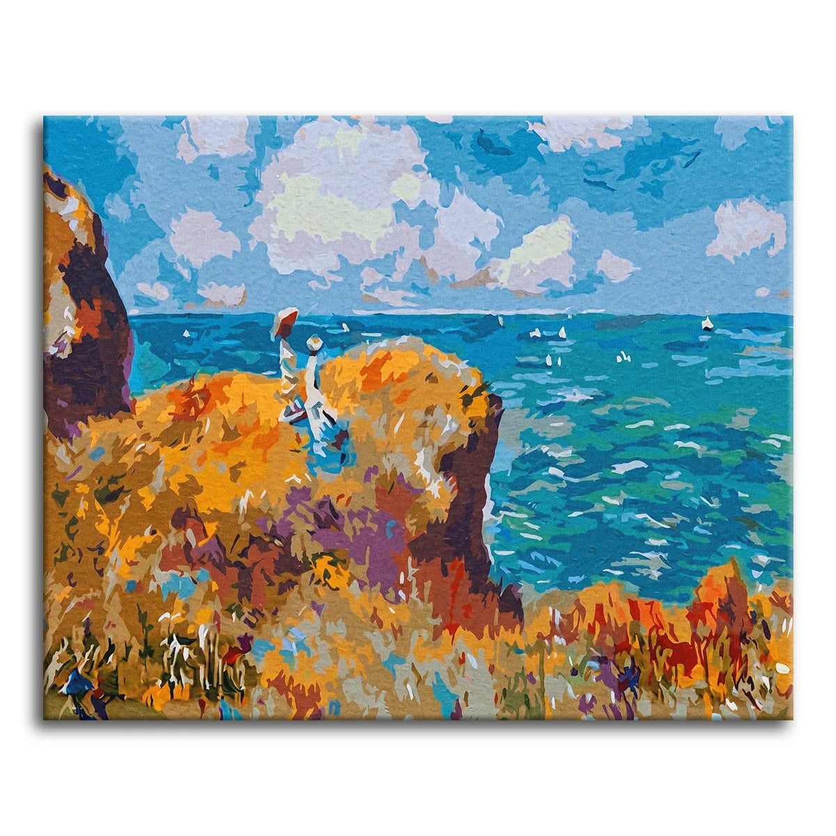 A paint by numbers version of Monet's Cliff Walk at Pourville, with two women on a grassy clifftop above a turquoise sea dotted with sails.