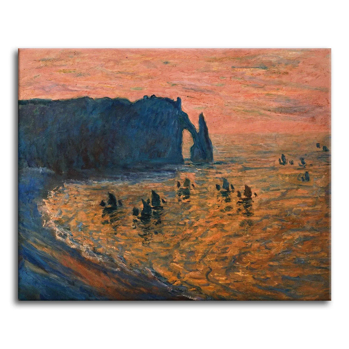 A paint by numbers version of Monet's Étretat cliffs at sunset, with a dark arch, a pink sky, a low sun, and orange light across the sea.