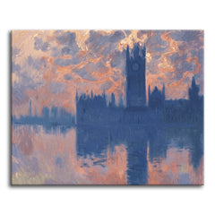 A paint by numbers version of Monet's Houses of Parliament at sunset, with Westminster in blue silhouette against an orange sky over the Thames.
