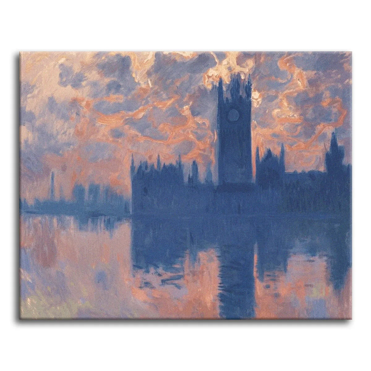 A paint by numbers version of Monet's Houses of Parliament at sunset, with Westminster in blue silhouette against an orange sky over the Thames.