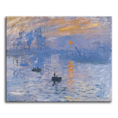 A paint by numbers version of Monet's Impression, Sunrise, with an orange sun over a misty blue harbor and boats in silhouette.