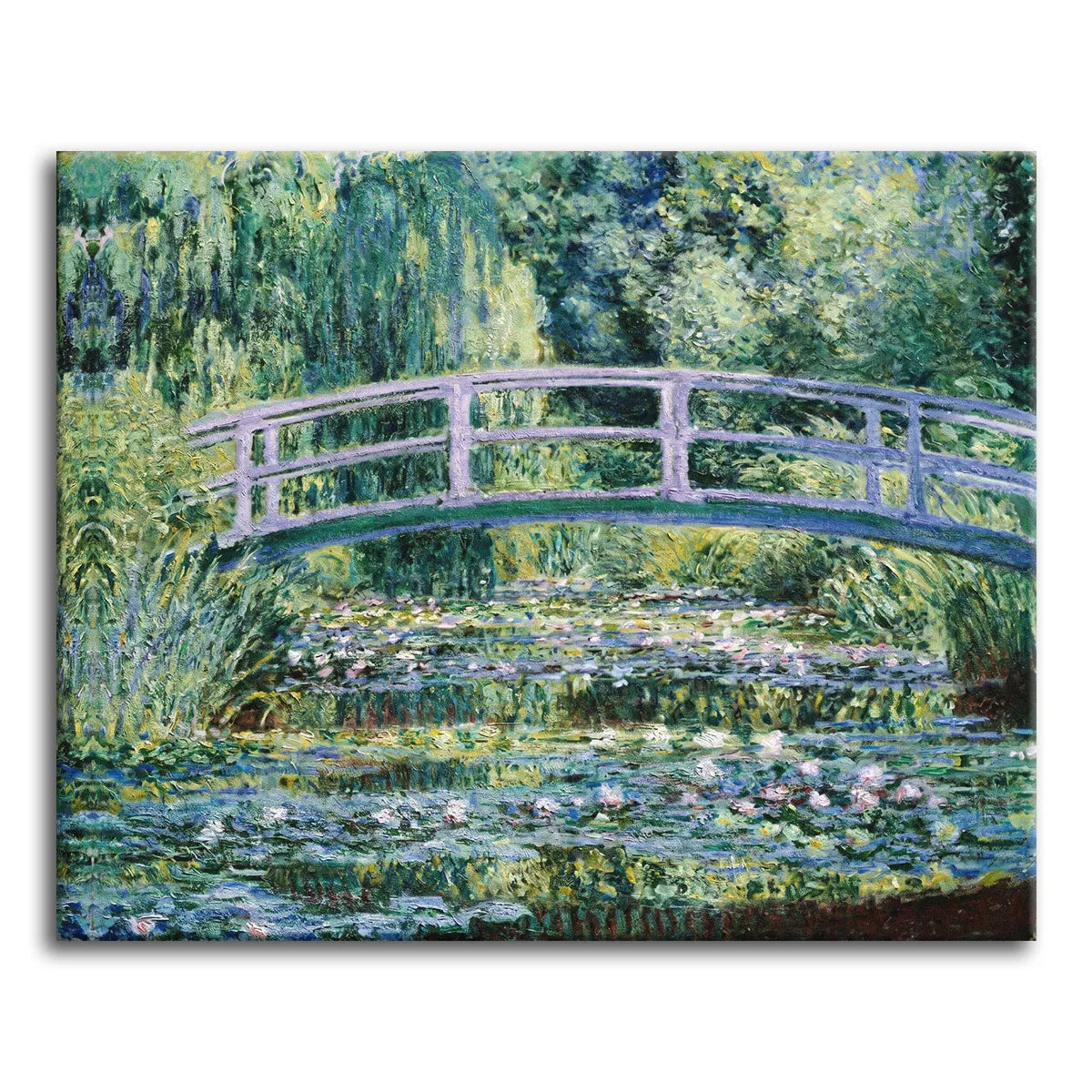 A paint by numbers version of Monet's Japanese bridge arching over a water-lily pond at Giverny, framed by willows and dense green foliage.