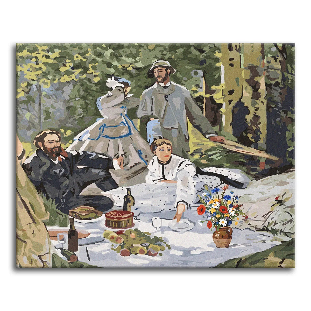 A paint by numbers version of Monet's Luncheon on the Grass, with four figures at a forest picnic on a white cloth in dappled light.