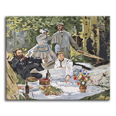 A paint by numbers version of Monet's Luncheon on the Grass, with four figures at a forest picnic on a white cloth in dappled light.