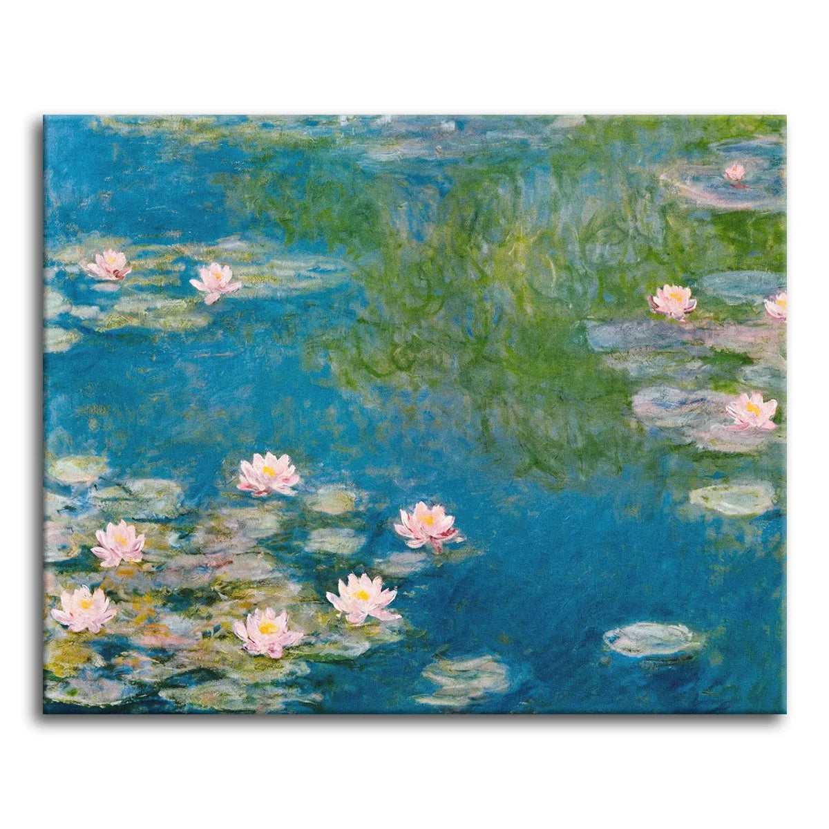 A paint by numbers version of Monet's water lilies, with pink blooms and lily pads on a bright blue pond and green willow reflections.