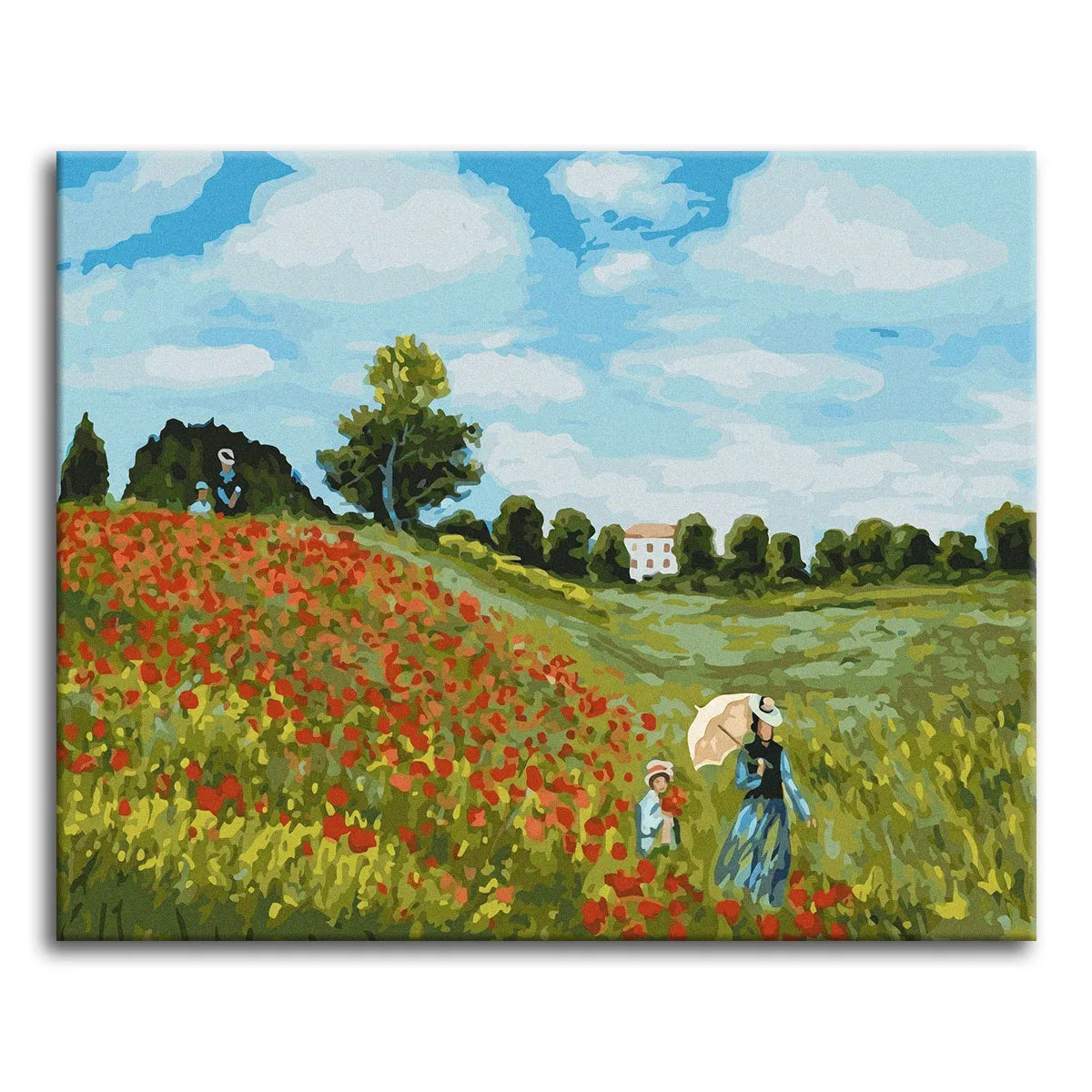 A paint by numbers version of Monet's Poppy Field near Argenteuil, with a red poppy field, two figures walking under a parasol, and a cloud-filled sky.