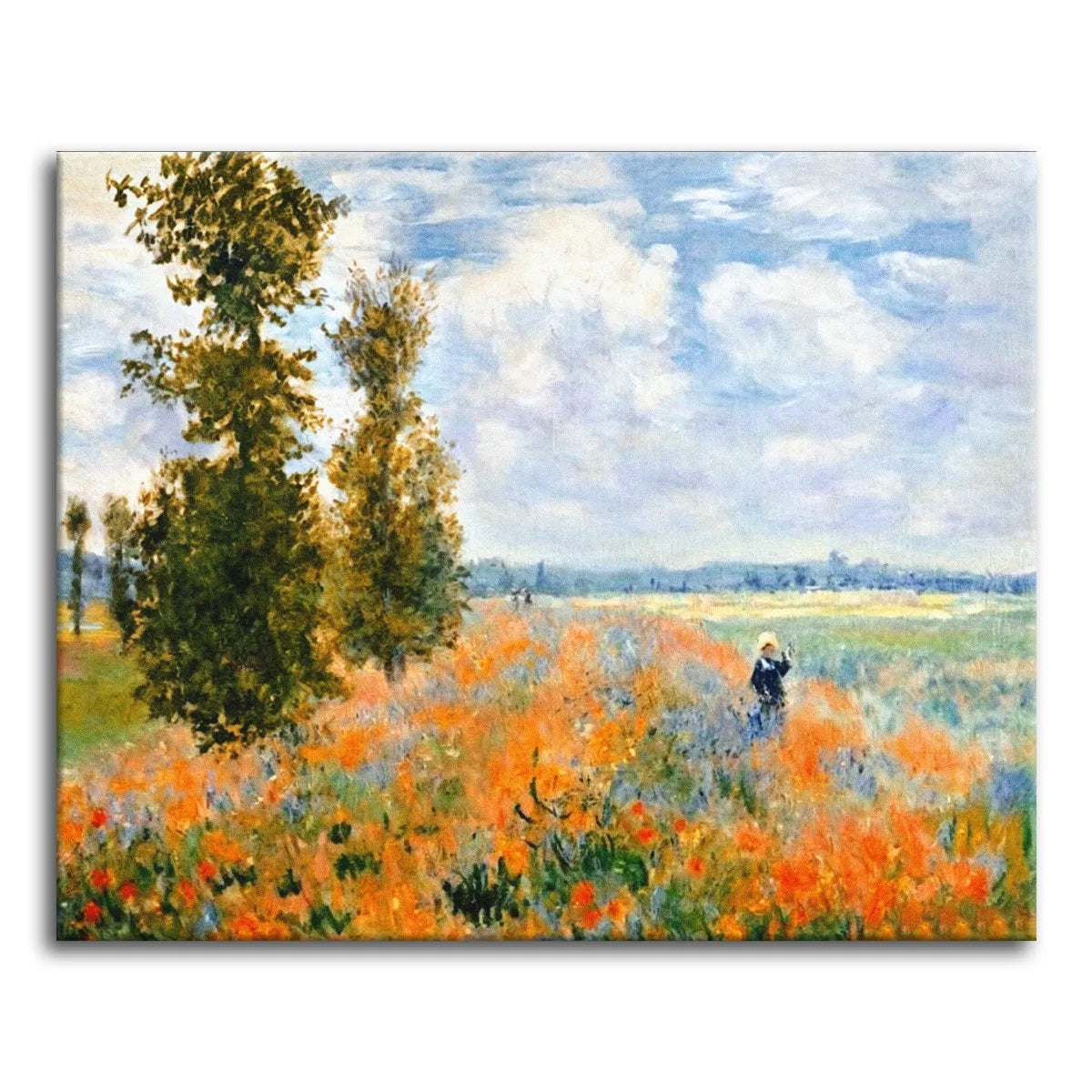 A paint by numbers version of Monet's Poppy Fields near Argenteuil, with a red poppy field, two tall poplars, and a small figure under a summer sky.