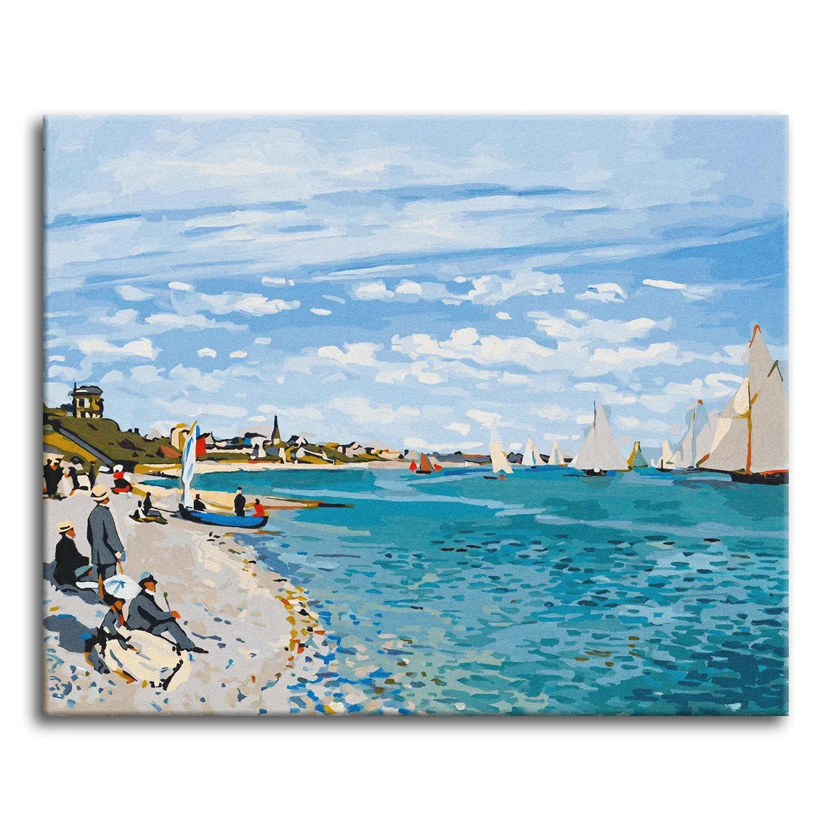 A paint by numbers version of Monet's Regatta at Sainte-Adresse, with white sailboats on turquoise water and figures watching from the beach.