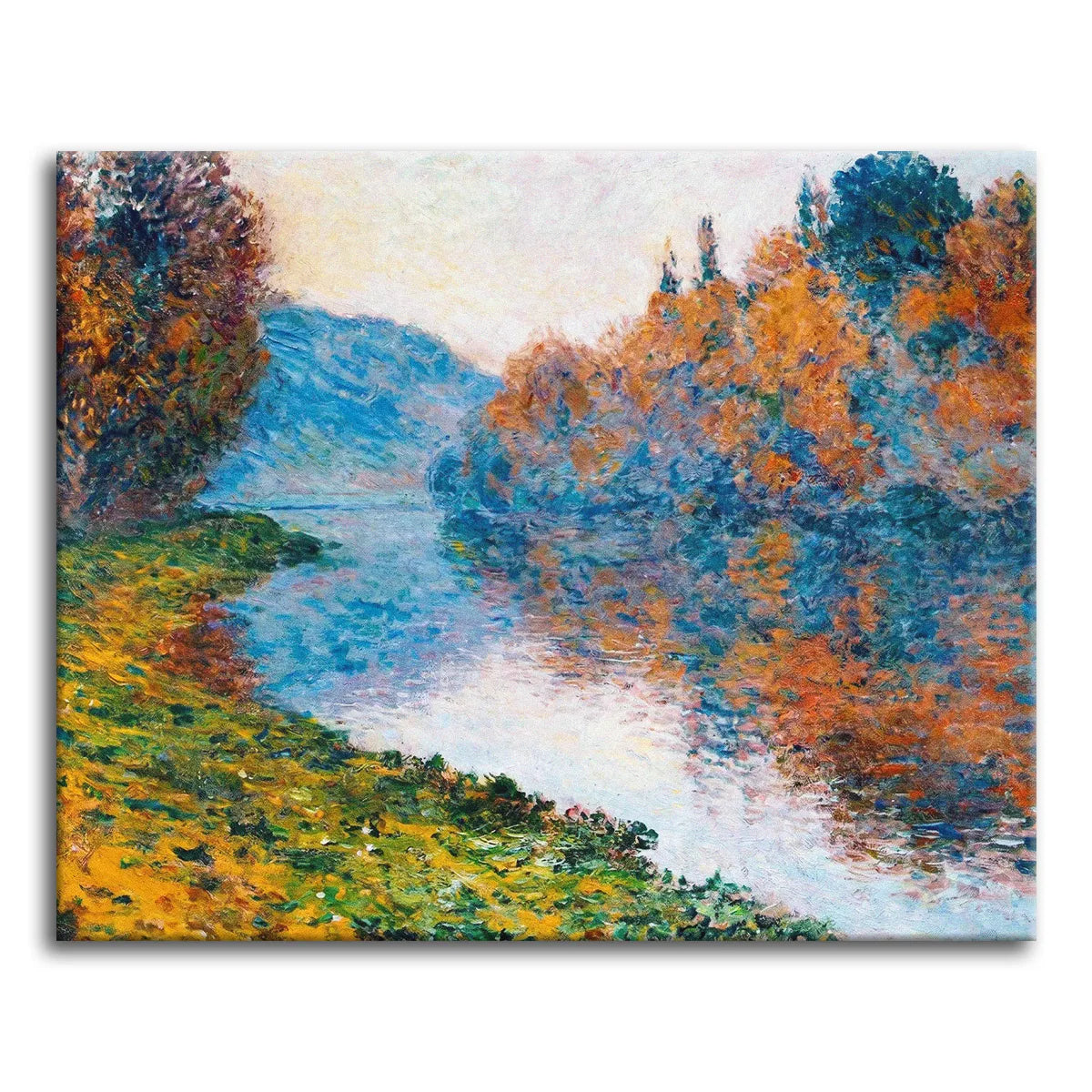 A paint by numbers version of Monet's Banks of the Seine at Jeufosse, with gold and rust autumn trees reflected in a calm blue river.
