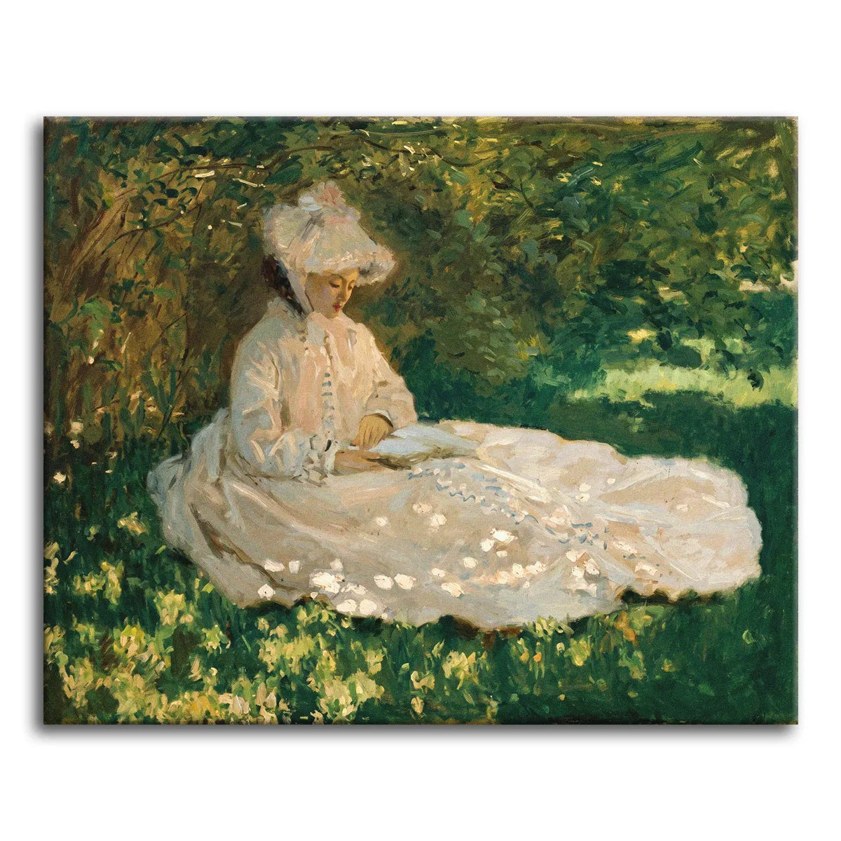 A paint by numbers version of Monet's Springtime, with Camille in a pale dress reading under a canopy of lilacs in dappled light.