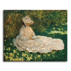 A paint by numbers version of Monet's Springtime, with Camille in a pale dress reading under a canopy of lilacs in dappled light.