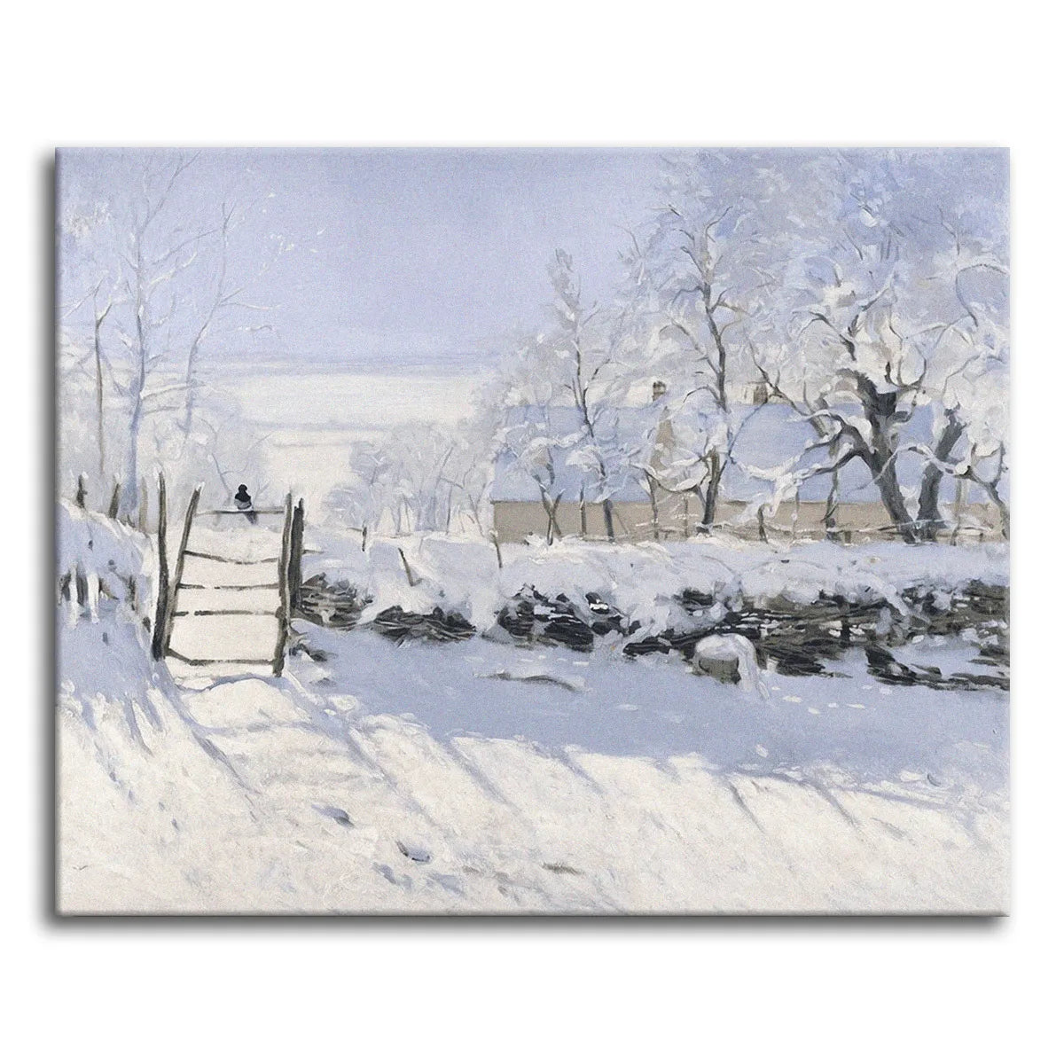 A paint by numbers version of Monet's The Magpie, with a black magpie on a gate in a sunlit snow landscape and blue shadows.