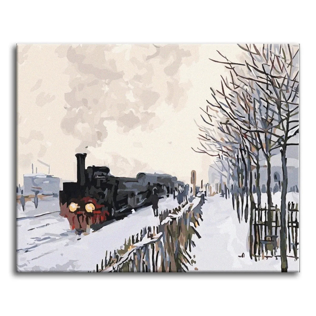 A paint by numbers version of Monet's Train in the Snow, with a black steam locomotive at a snowy station under a grey winter sky.