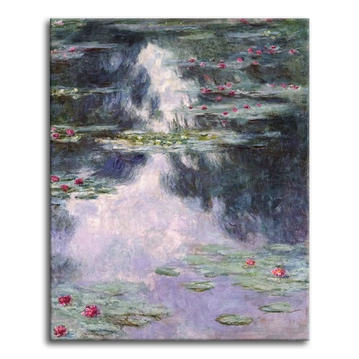 A paint by numbers version of Monet's Nymphéas, with pink water lilies and dark willow reflections on a violet-grey pond.