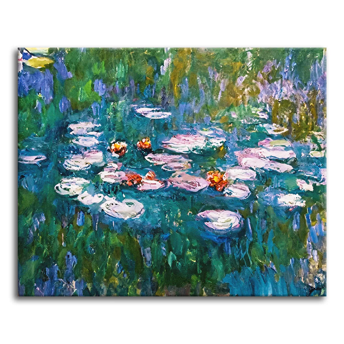 A paint by numbers version of Monet's water lilies, with pink and white blooms floating on a green and blue pond in thick impasto brushwork.