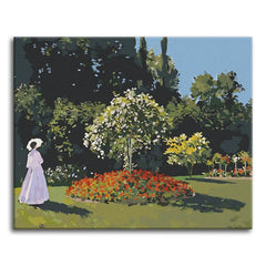 A paint by numbers version of Monet's Woman in the Garden, with a lady in a pale dress and parasol beside a round red flowerbed against dark green trees.