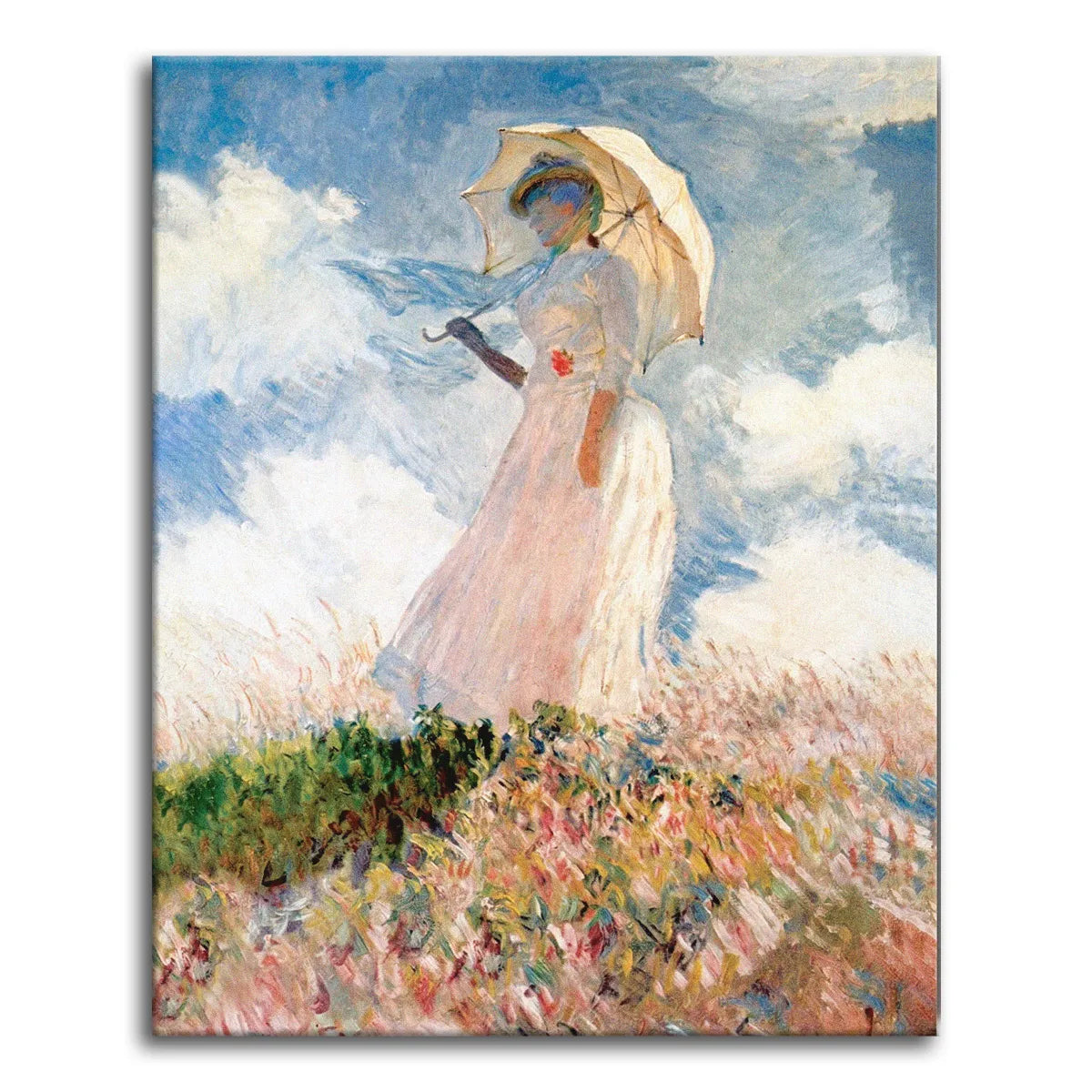 A paint by numbers version of Monet's Woman with a Parasol Facing Left, with a woman in white on a windswept meadow against a blue sky.