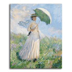 A paint by numbers version of Monet's Woman with a Parasol Facing Right, with a woman in white holding a green parasol in a windswept wildflower meadow.