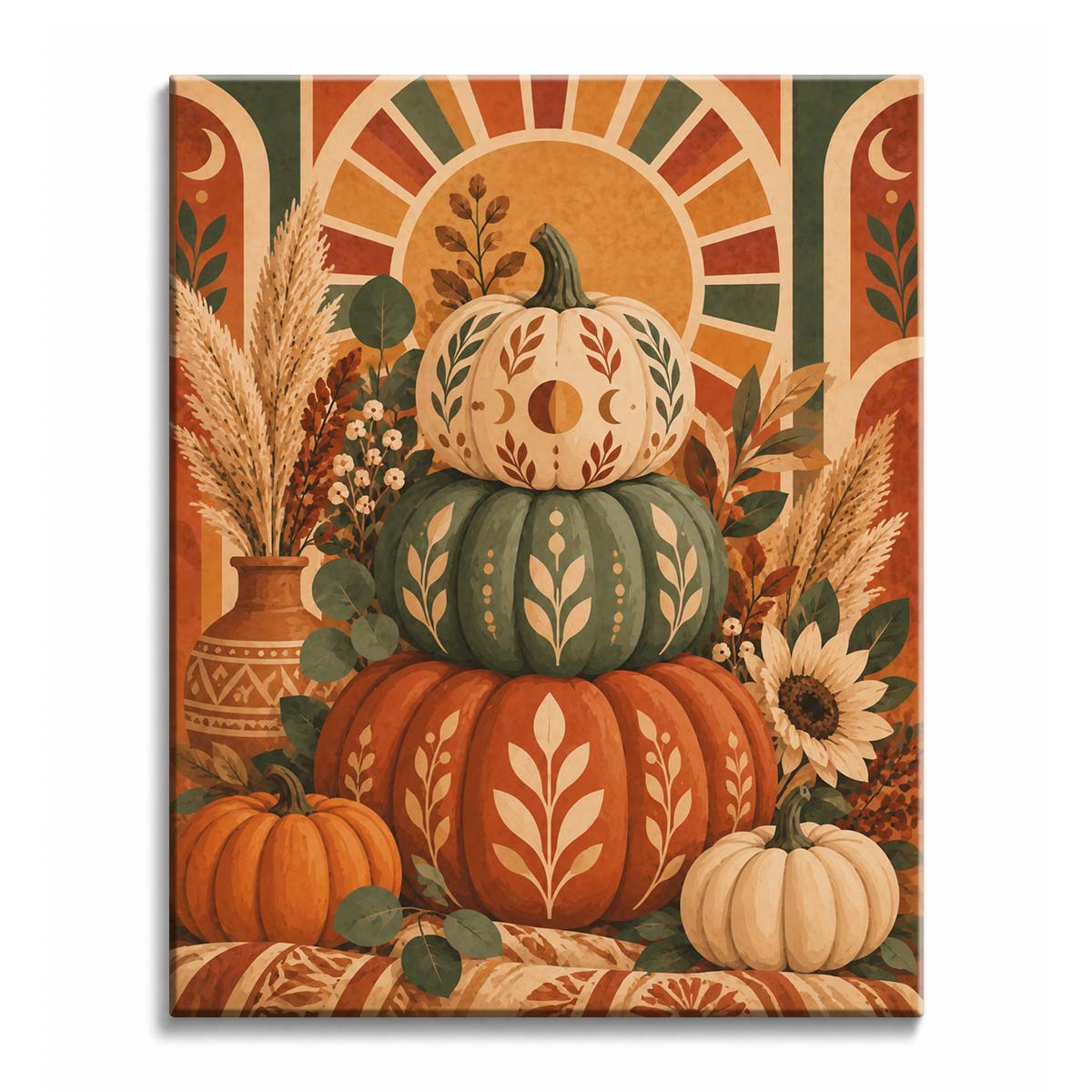 Among pampas grass and autumn leaves, a moon phase pumpkin paint by numbers design stacks patterned cream, sage, and terracotta gourds beneath an arched folk backdrop.