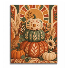 Among pampas grass and autumn leaves, a moon phase pumpkin paint by numbers design stacks patterned cream, sage, and terracotta gourds beneath an arched folk backdrop.