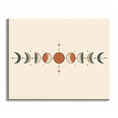 A moon phases paint by numbers design showing a rust center circle, olive crescents, dotted arcs, and small star marks on a cream background.