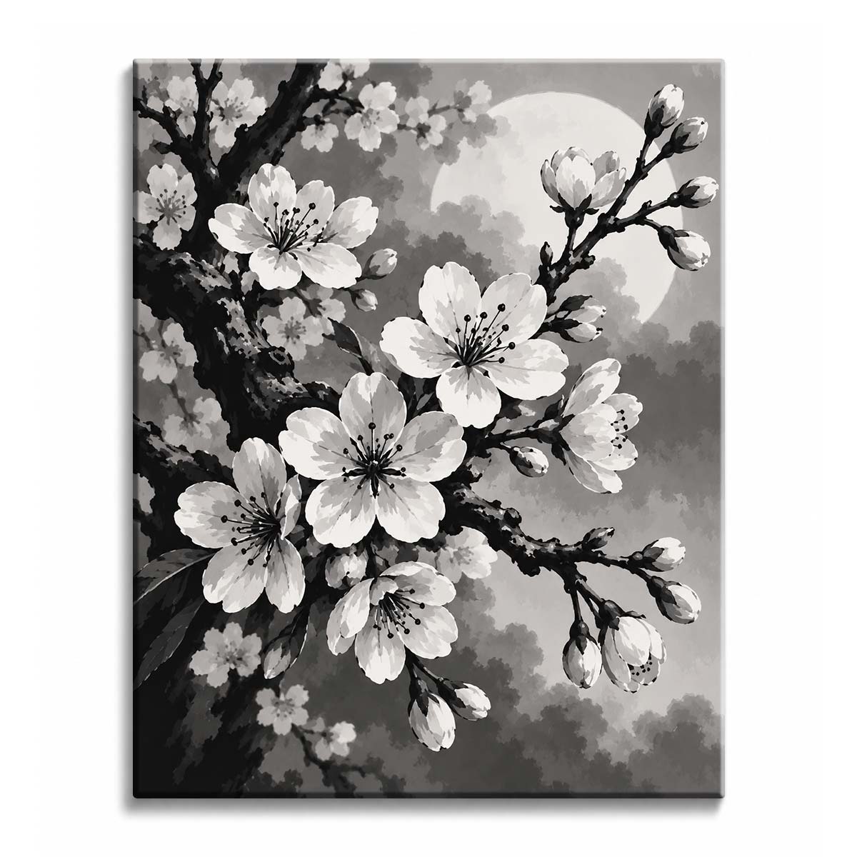 Against a large full moon and soft clouds, a gnarled branch carries open cherry blossoms and tight buds, in a black and white paint by numbers design.