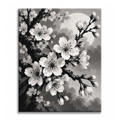 Against a large full moon and soft clouds, a gnarled branch carries open cherry blossoms and tight buds, in a black and white paint by numbers design.