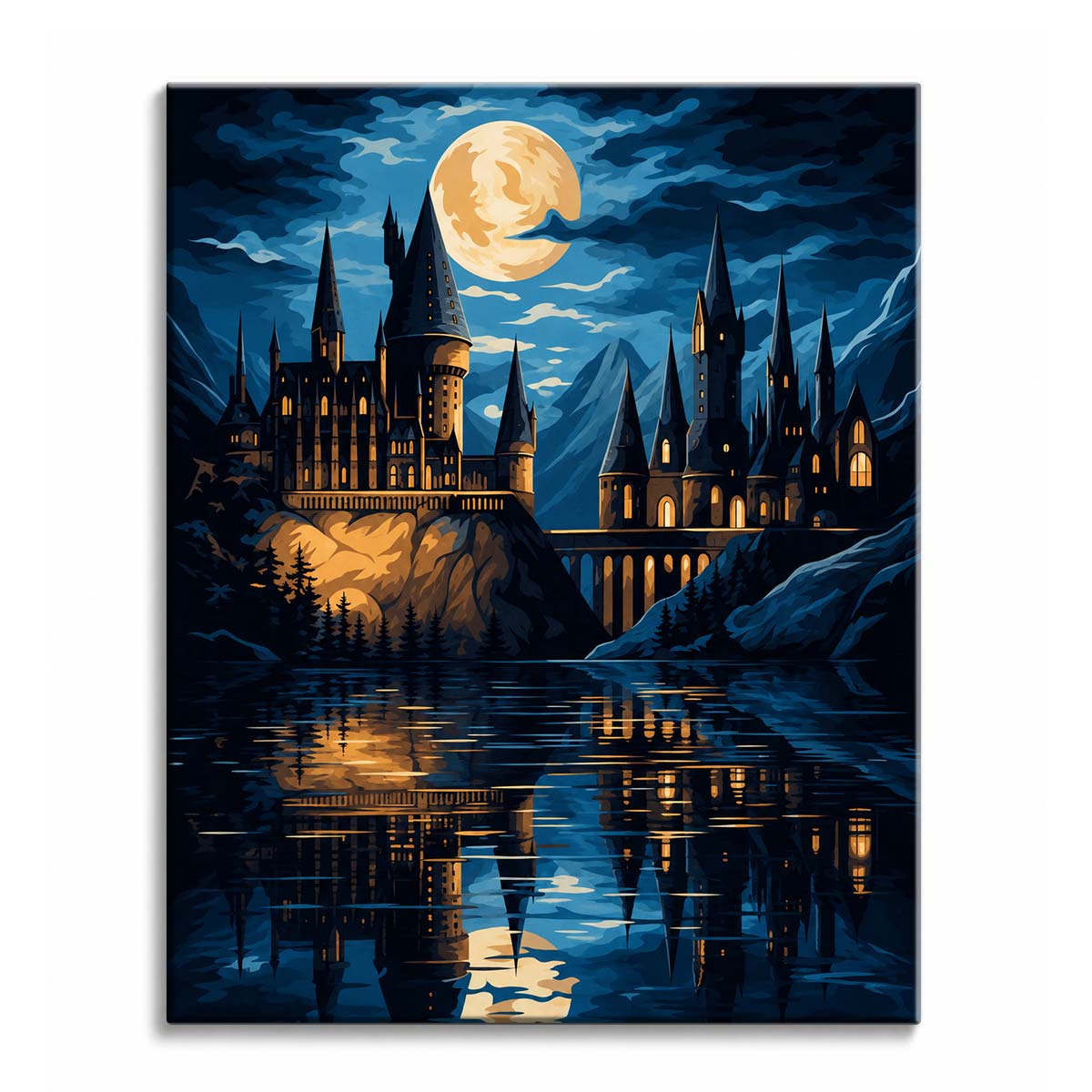 A night paint by numbers design of a castle with glowing windows under a full moon, reflected in the dark lake below.