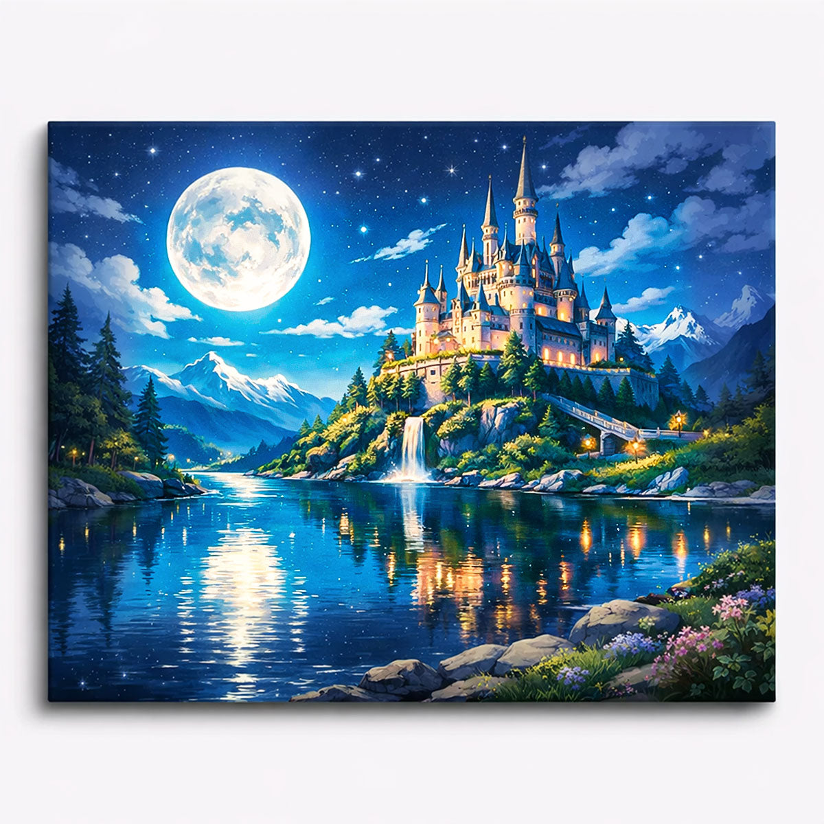 anime style fantasy castle under full moon beside reflective lake with mountains and glowing lights paint by numbers landscape design
