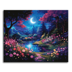 A crescent moon over a still pond surrounded by glowing flowers, fireflies, and deep blue and purple trees at night, shown as a paint by numbers canvas.