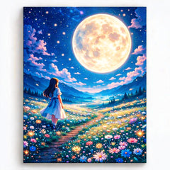 anime style moonlit flower meadow with glowing wildflowers path under giant full moon fantasy landscape paint by numbers design
