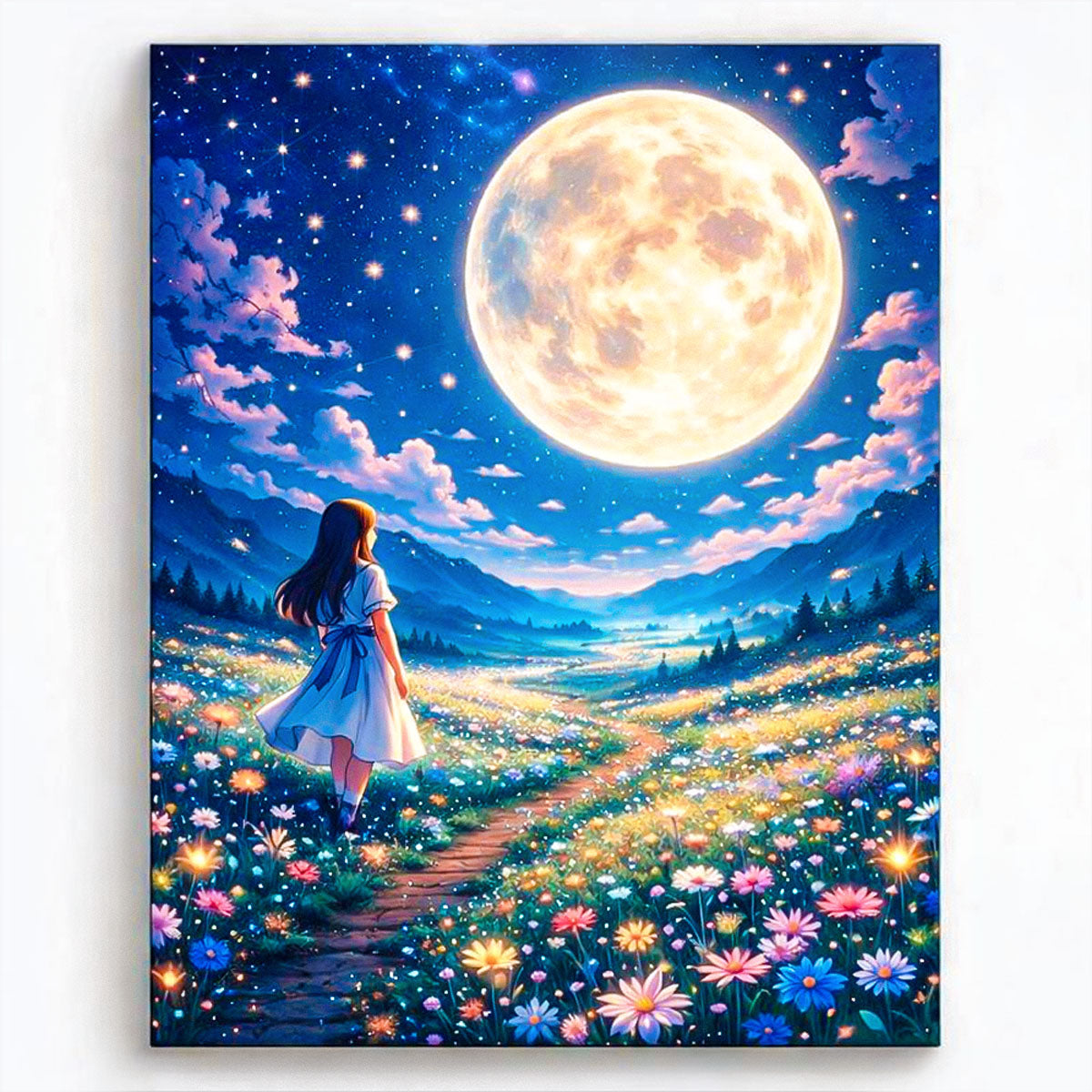 anime style moonlit flower meadow with glowing wildflowers path under giant full moon fantasy landscape paint by numbers design