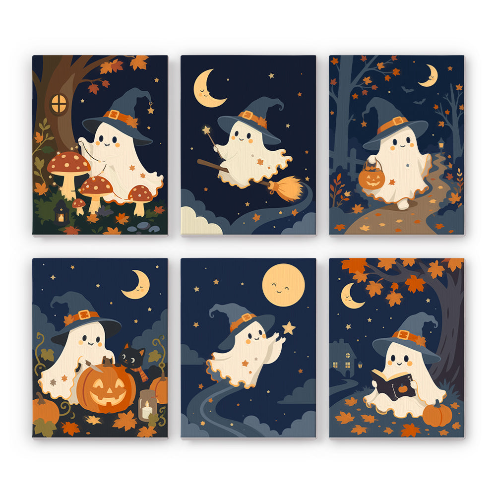 A ghost paint by numbers mini set showing a little ghost in a witch hat flying its broom, picking mushrooms, and reading under smiling moons across six navy night scenes.
