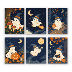 A ghost paint by numbers mini set showing a little ghost in a witch hat flying its broom, picking mushrooms, and reading under smiling moons across six navy night scenes.